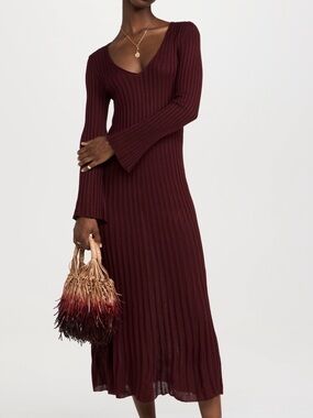 Dress TO Ribbed V-Neck Long Sleeve Midi Dress - Burgundy